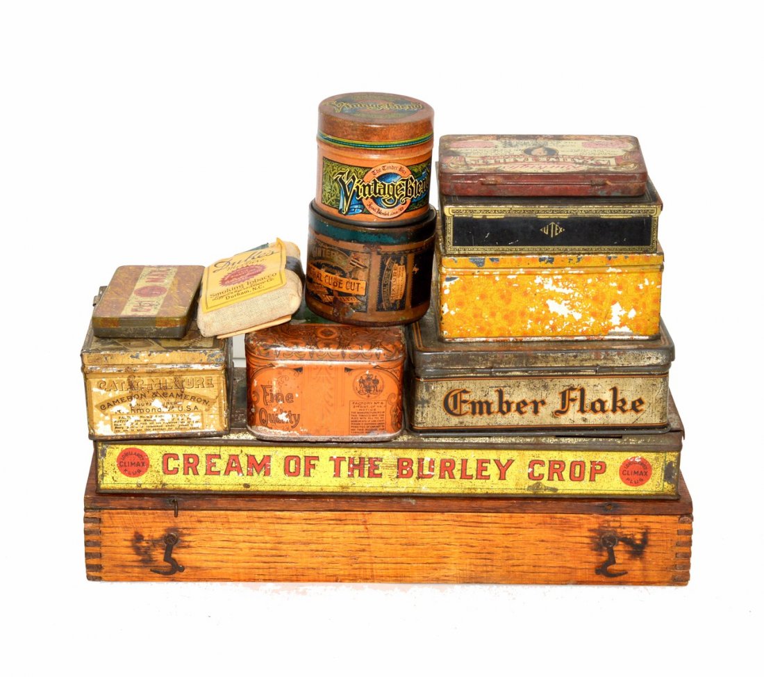 Twelve Assorted Tins, Box, and Pouch: Tobacco items comprise: Climax, Duke's Mixture [pouch], Catac Mixture, Old Gold, Cameron's U Mix, Vintage Blend, Imperial Cube Cut, Ember Flake, and Boot Jack [Wood Box]. Accompanied by Rawleigh's Lax