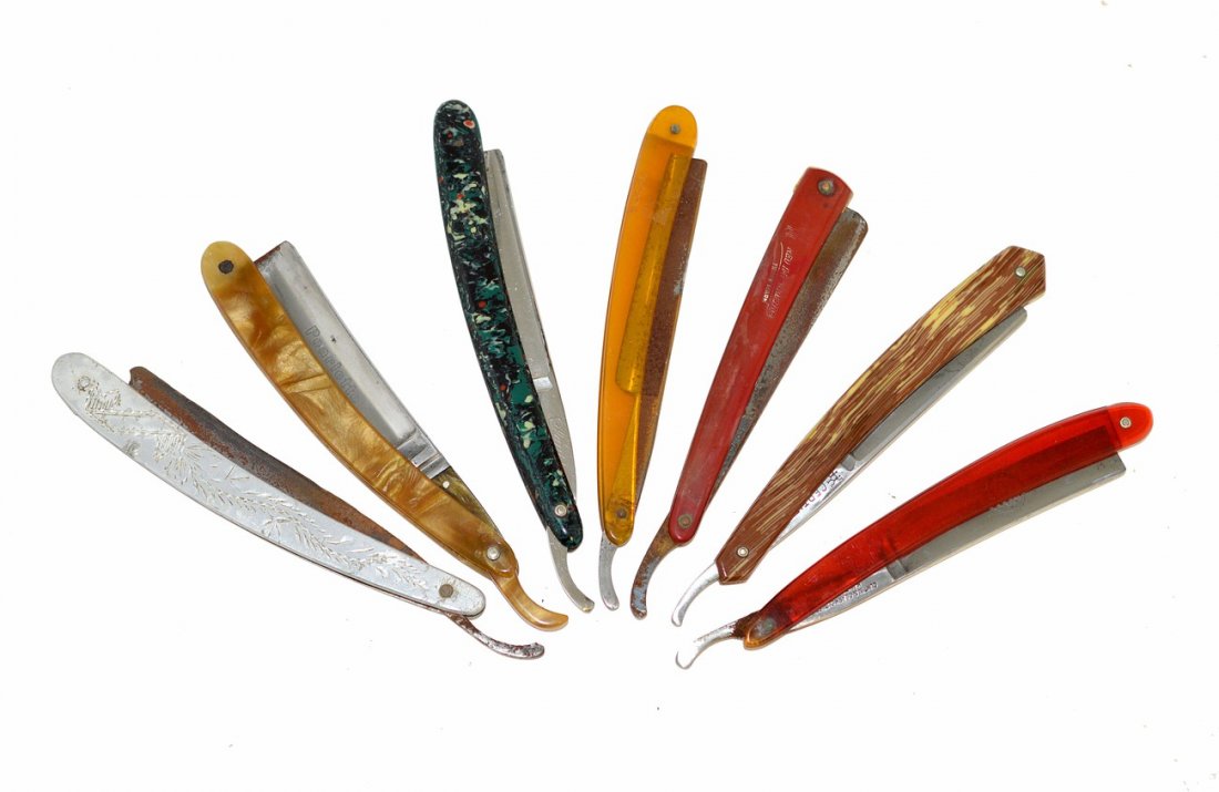Seven Assorted Straight Razors: Blades includes: Clauso, J.A. Henckels, Solingen, Curtin and Clark, Case, Havard Cutlery, and others. Scales comprise: pearlized, red imperial wedge, aluminum, and others. As is.
