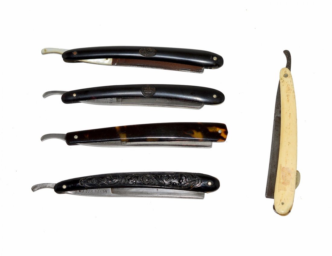 Five Assorted German Straight Razors: Blades include: Keen Kutter, Devon, and others. Scales include: bone, faux tortoise, and celluloid [one razor bears mother-of-pearl shank and tang.] As is.