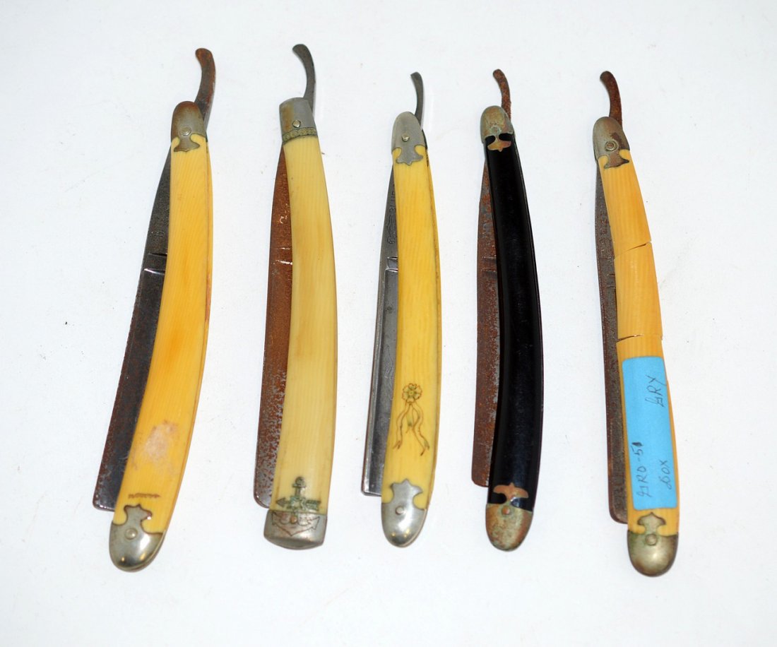 Five Assorted German Straight Razors w/ Capped End: Blades include: Blue Ribbon, Black Diamond, Garibaldi, Tip Top, and others. Scales include ebonized and faux ivory celluloid [one with breaks]. As is.