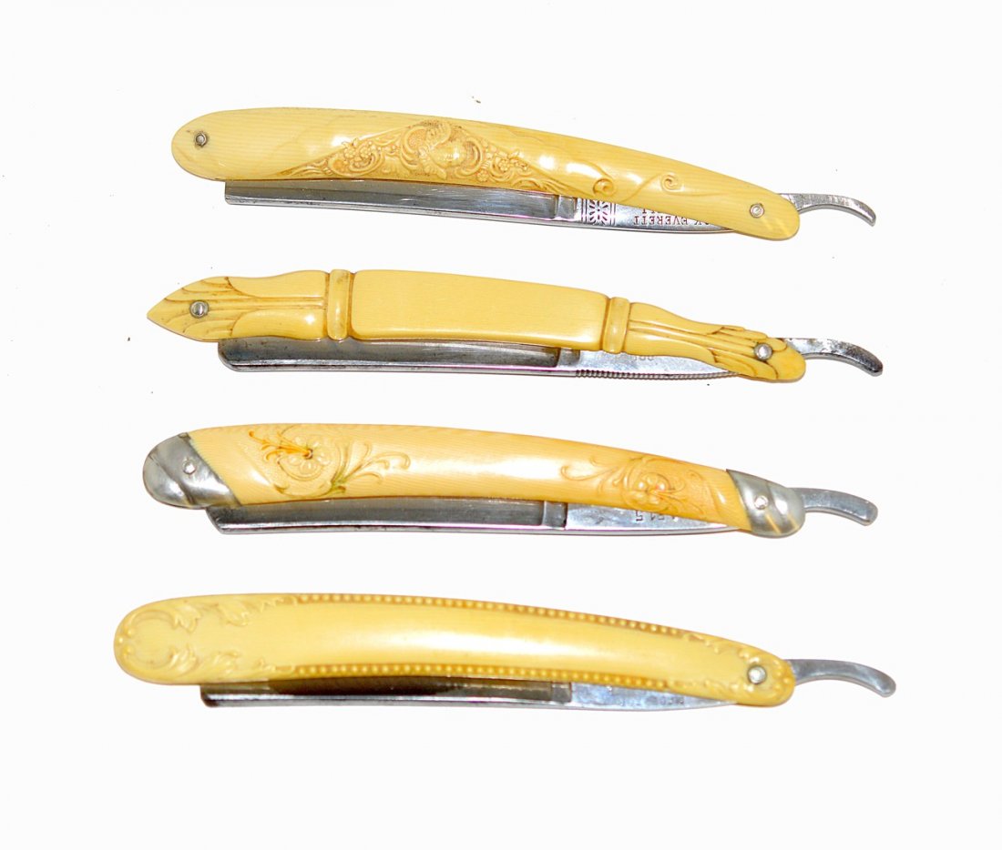 Four Straight Razors with Faux Ivory Scales: Each bear mould-form decorated celluloid faux ivory scales. Blades include: German, "Cattaraueus Cutlery," "Meteor," and "Cupid." As is.