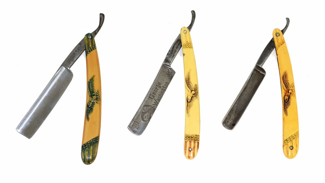 Three Straight Razors with Patriotic Scales: Comprises three razors with molded American eagle with stars and stripes scales. 1.) Green tint, stamped on shank "Uncle Sam" and opposite, "Germania Cutl. Works / Germany." 2.) Etched on blade: "Geor