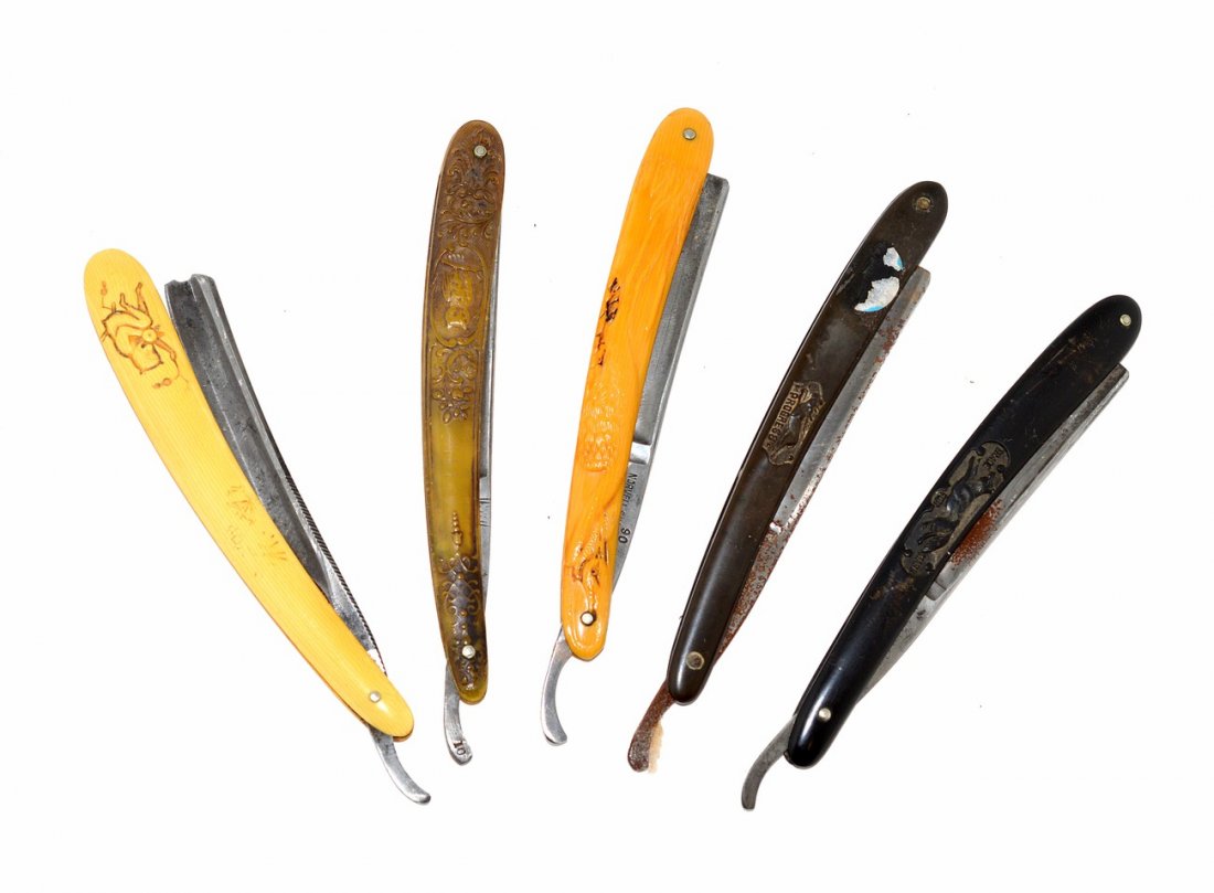 Five Straight Razors with Animal Scales: Comprises: owl, crane, fox, stag, and monkey. Blades include: "Germany" and "Solingen". As is, oxidation and other defects.