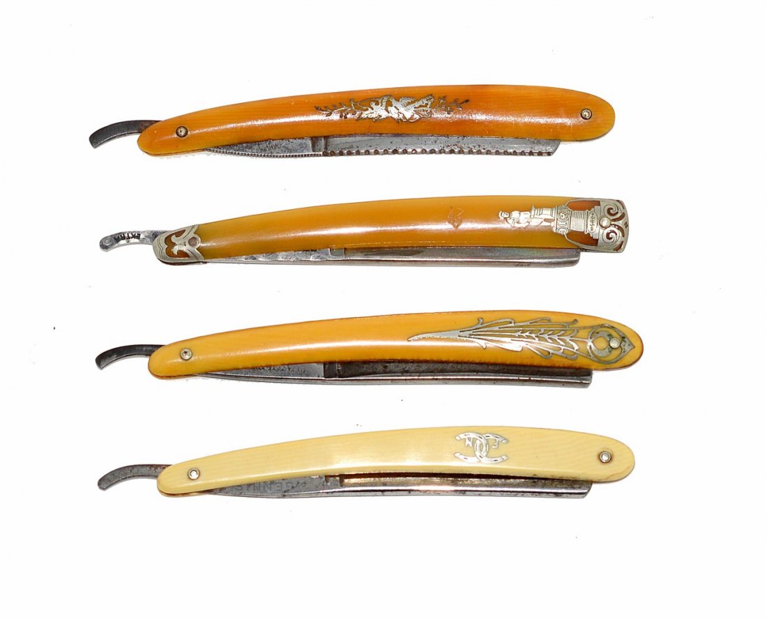 4 German Straight Razors w/ Silver Deposit Scales: Scale designs include: lovebirds, blacksmith, peacock feather, and horseshoe with initials "F" and "N". Blades include: Genius Solingen, Elyas & M. Aboussleman, May Flower [Germany], and S.R. Droesche