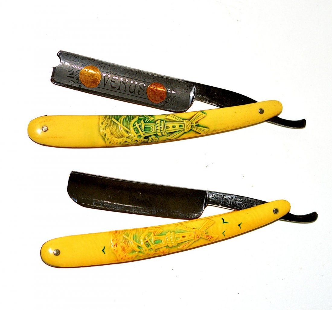 Two Straight Razors with Windmill Scales: Comprises: 1.) Windmill with painted seagulls. Shank stamped: 55N Wm Elliot & Co. / ...Germany." 2.) Small mould as above without painted seagulls. Shank stamped: "Herm Joest & Co. / Minerva Werk / So