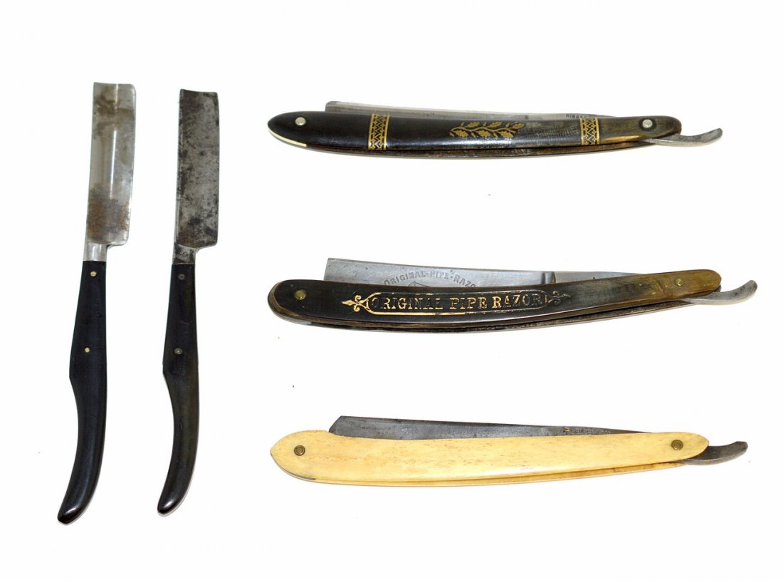 Three Straight Razors & Two Fixed Blade Razors: Straight razors include: 1.) Bone scales. Shank stamped: "Joseph Rodgers & Sons / Cutlers to Their Majesties / No. 6 Norfolk Street / Sheffield". 2.) Teak scales with brass band and oak leaf inlay. Ge