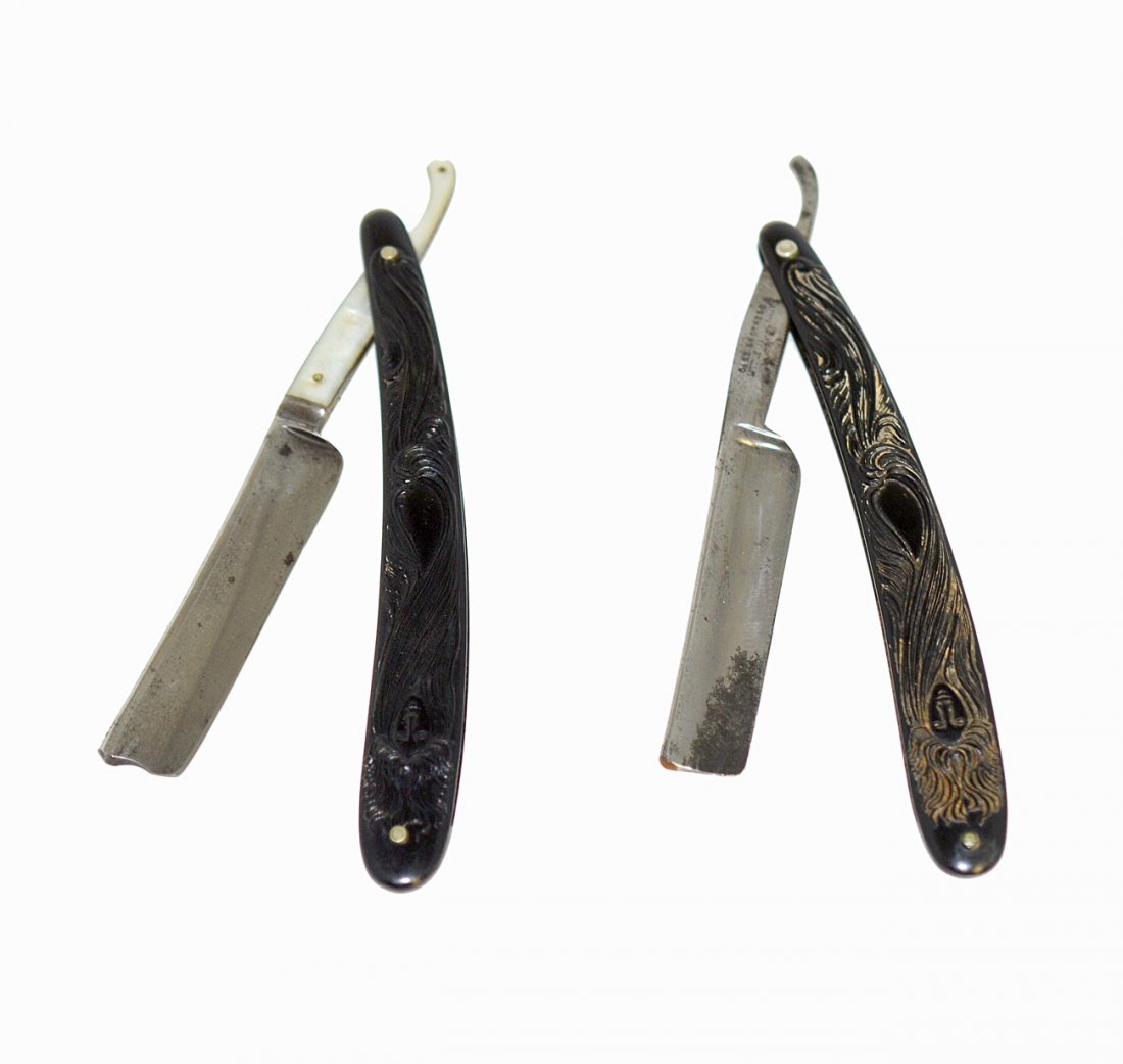 Two Straight Razors with Art Nouveau Scales: Both bear black mould-formed celluloid scales with female face among long flowing hair. Blades comprise: 1.) "Case Brothers / Little Valley, N.Y." and "Tested XX." 2.) Features mother-of-pearl shank a