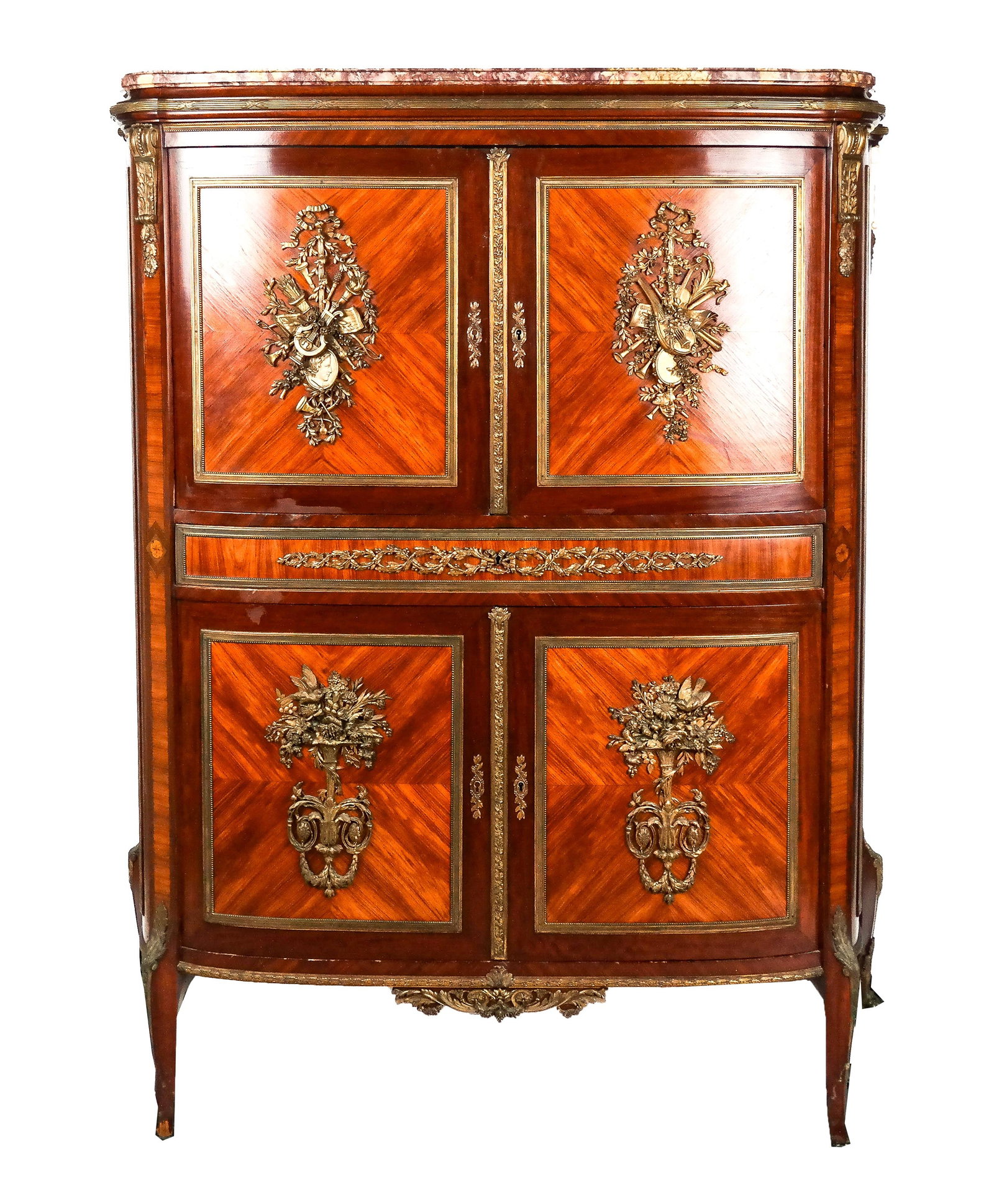 Louis XVI Parquetry and Bronze Cabinet: Louis XVI inlaid kingwood and bronze mounted marble top cabinet, late 19th/early 20th century, with chamfered rouge marble top, two pair of cabinet doors decorated with pair of musical and floral appl
