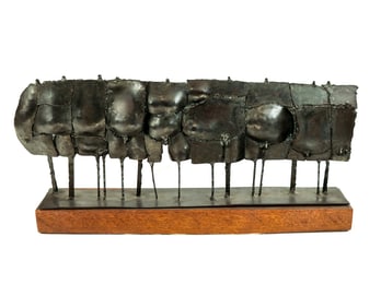 Brutalist Metal Sculpture of Men on a Stand