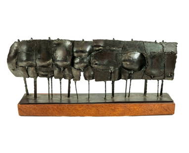 Brutalist Metal Sculpture of Men on a Stand