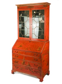 Red Chinoiserie Decorated Secretary Bookcase