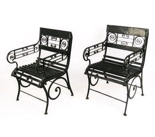 Pair of Wood and Iron Garden Chairs