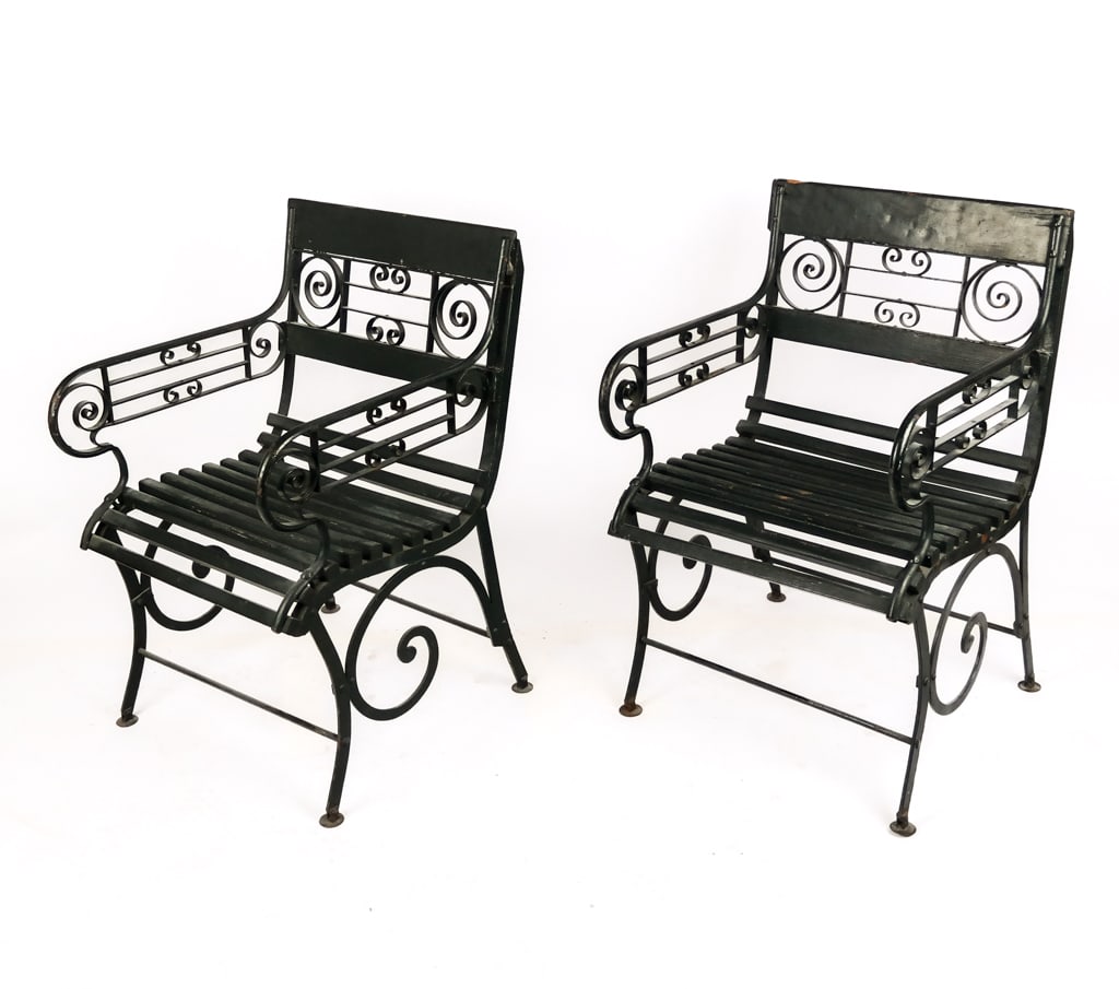 Pair of Wood and Iron Garden Chairs: Pair of painted wood and curved iron garden open armchairs [34" H x 22" W x 22" D, seat height 17.5" H] Overall condition is fair, numerous scattered chips and losses to paint.
