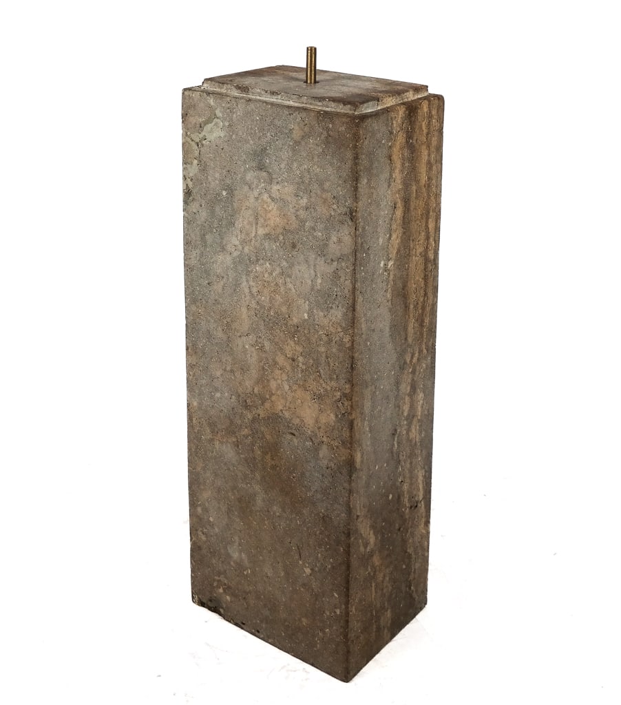 Travertine Pedestal: Square travertine pedestal with a removable brass anchor. [35.5" H x 13" W x 9" D] Overall good condition with minor repairs to pedestal near base.