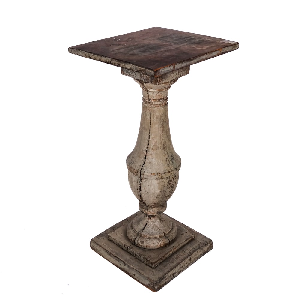 Carved and Painted Wood Pedestal: Carved and painted urn form pedestal [33" H x 17" W x 14.25" D] Overall condition fair with significant crack, losses and unstable.