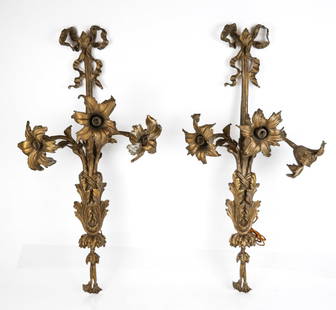 Pair Rococo Gilt Metal Three Light Sconces