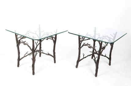Pair of Metal Faux Bois and Glass Tables