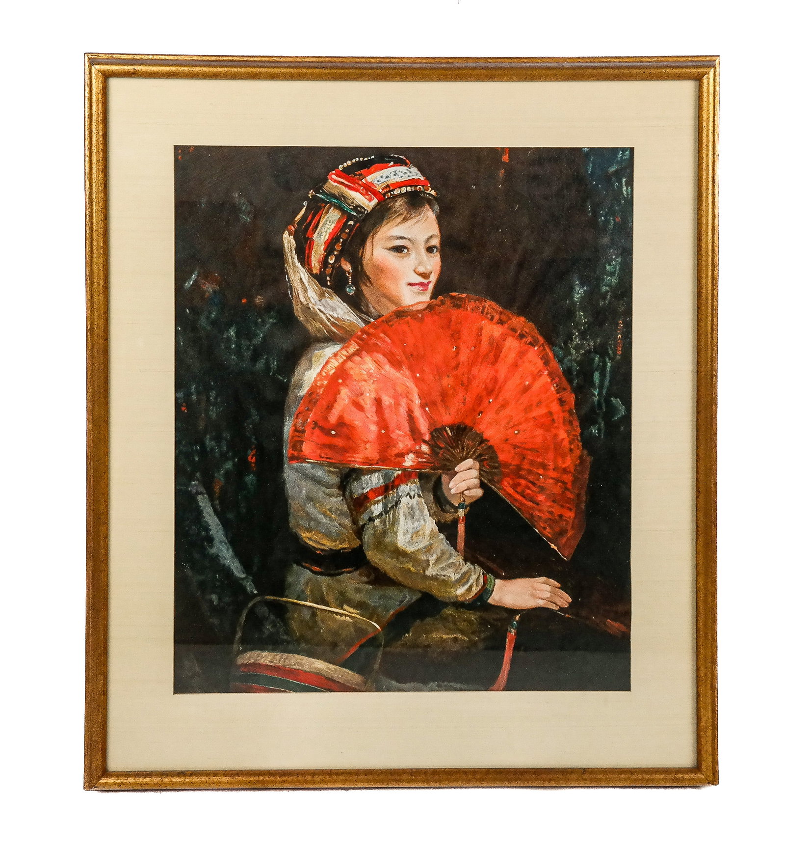 Suzhou Embroidery Portrait of a Girl: Suzhou embroidery or Su Xiu embroidered portrait young woman with hand fan, in finely embroidered colored threads and silk shading. [Art: 27" H x 22" W; Frame: 37" H x 31" W]. Condition reports and re