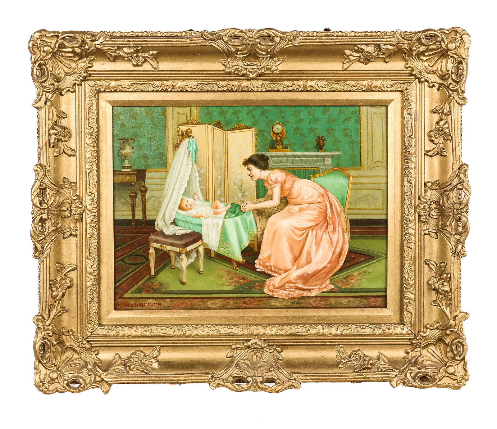 RICHARDSON: Woman And Baby - Oil Painting: Oil on panel painting of a woman with a newborn in a bassinet in wealthy surroundings, late 20th century, signed "Richardson" lower left. [Art: 11.5" H x 15" W; Frame: 20" H x 24" W]. Condition report