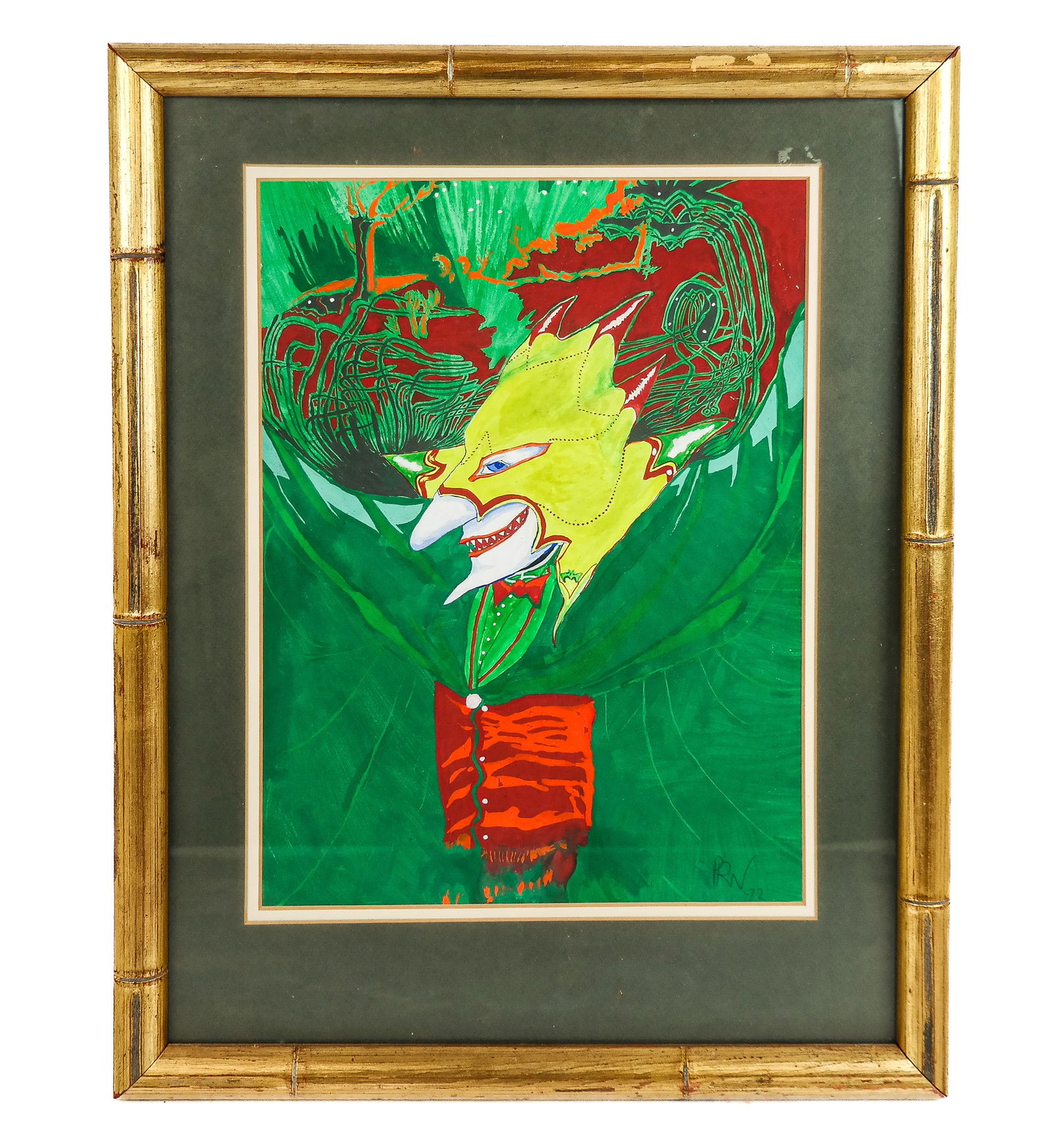 "PRN": Jester With Mask - Mixed Media Artwork: Mixed media on paper work depicting an evil-looking jester with mask, in the manner of Peter Max meets Mihail Chemiakin, signed "PRN" lower right, dated '72. [Art: 13.5" H x 10" W; Frame: 20" H x 16"