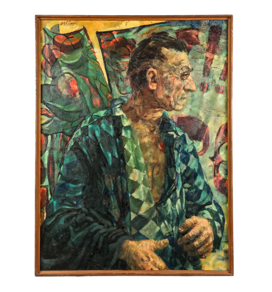 Richard A. CLARK: Carnival Man - Oil Painting: Richard A. Clark (American, b. 1922) oil on canvas study of a man in jester-style suit jacket, titled "Carnival Man", signed upper left. [Art: 31" H x 24" W; Frame: 32" H x 25" W]. Condition reports a