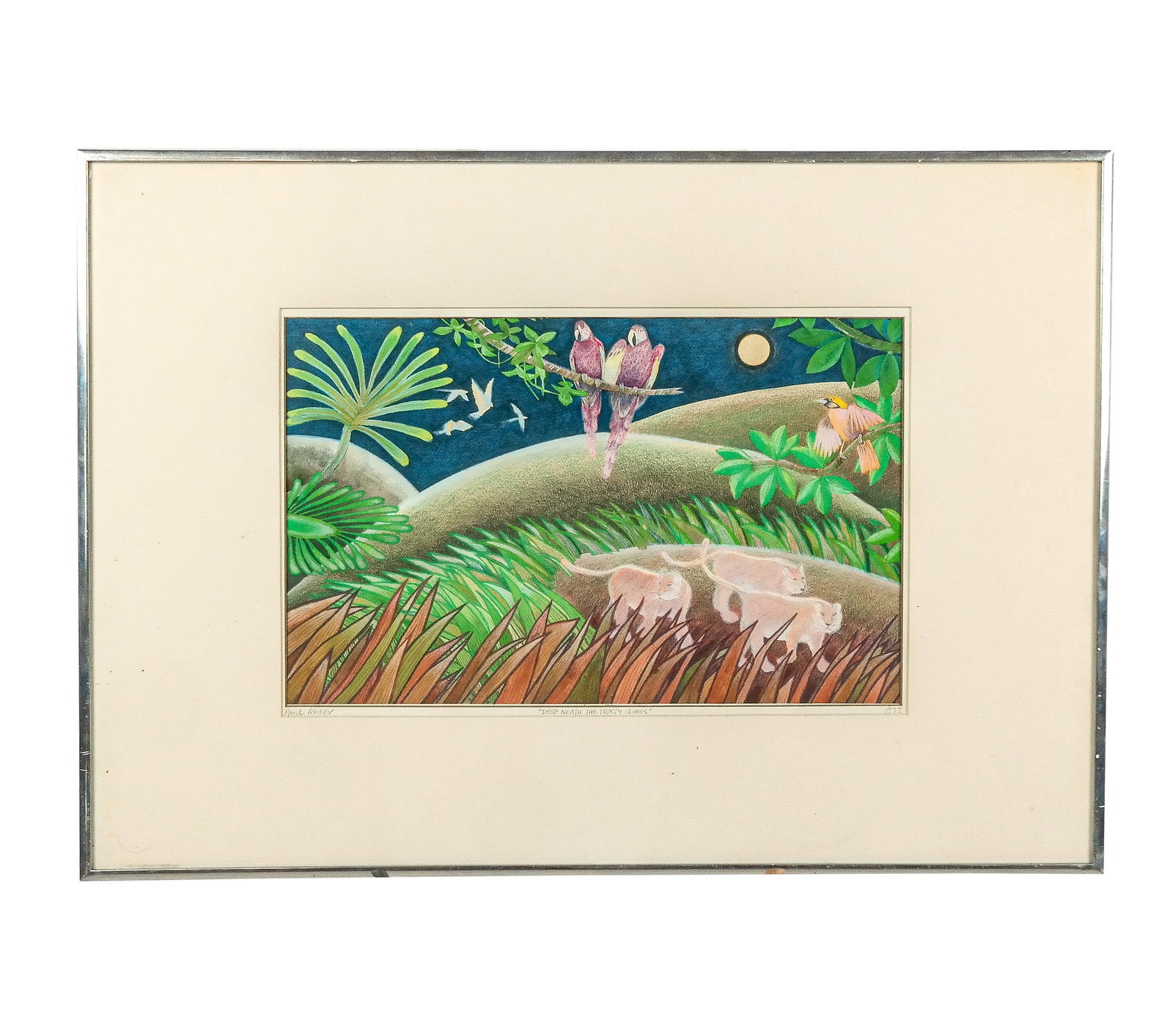 Paul RICHER: "Deep 'Neath..." - Gouache on Paper: Paul Richer gouache on paper study of animals in a moonlit jungle scene, titled "Deep 'Neath the Frosty Climes", signed on matting, 1977. [Art: 9.5" H x 15.5" W; Frame: 18" H x 26" W]. Condition repor