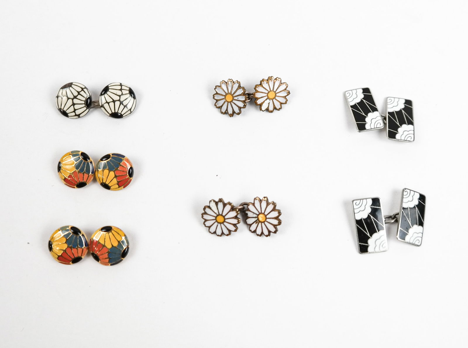 3 Pairs 20th C. Floral Decorated Enamel Cufflinks (1 of 7)