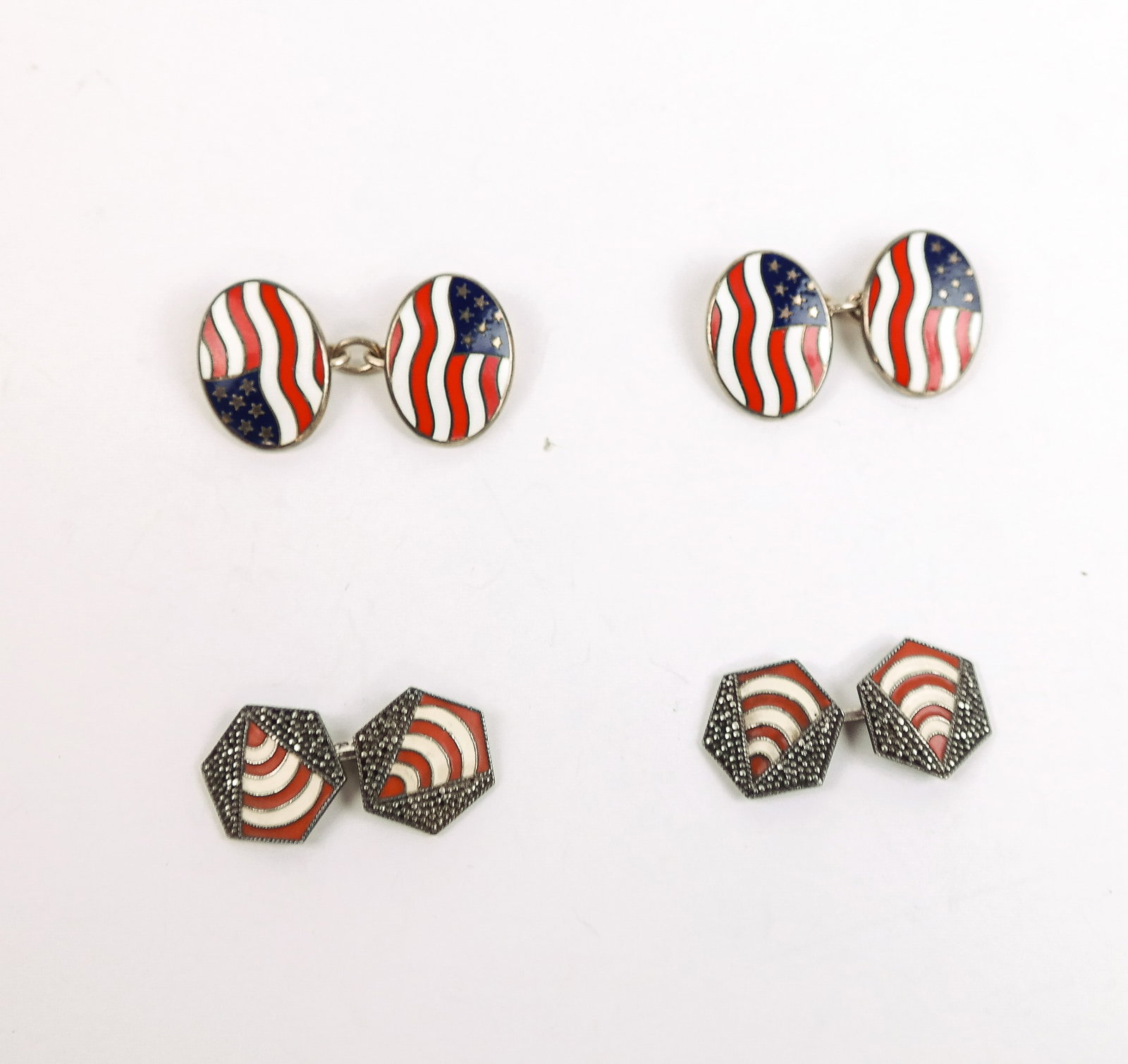 Asprey American Flag Sterling Cufflinks, & Other: A pair of Asprey sterling silver and enamel American Flag cufflinks, marked "ALDN" with additional Birmingham hallmarks to backsides. Together with another pair of sterling silver and enamel octagonal