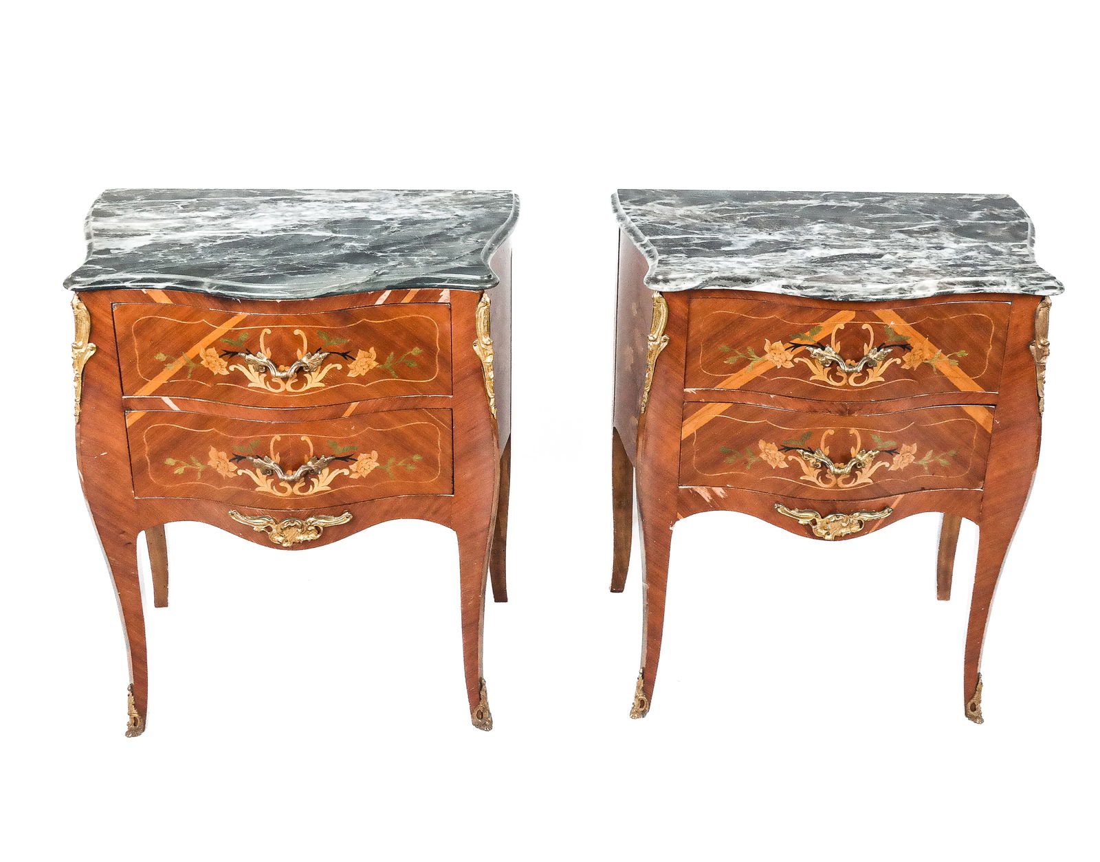 Pair of Marquetry Inlaid Marble Top Commodes (1 of 11)