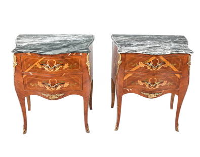 Pair of Marquetry Inlaid Marble Top Commodes