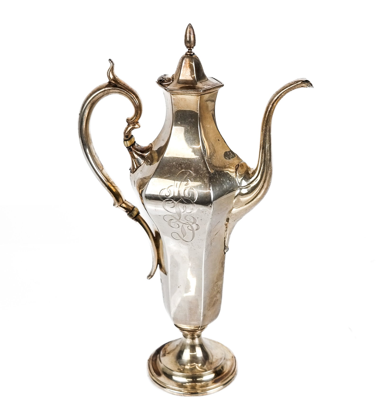 Whiting Sterling Silver Demitasse Pot: Whiting sterling silver demitasse pot having a spear finial top on hexagonal body with collar-mounted handle and curled spout, an etched script monogram, on round base with Whiting mark. 11.8 ozt. inc