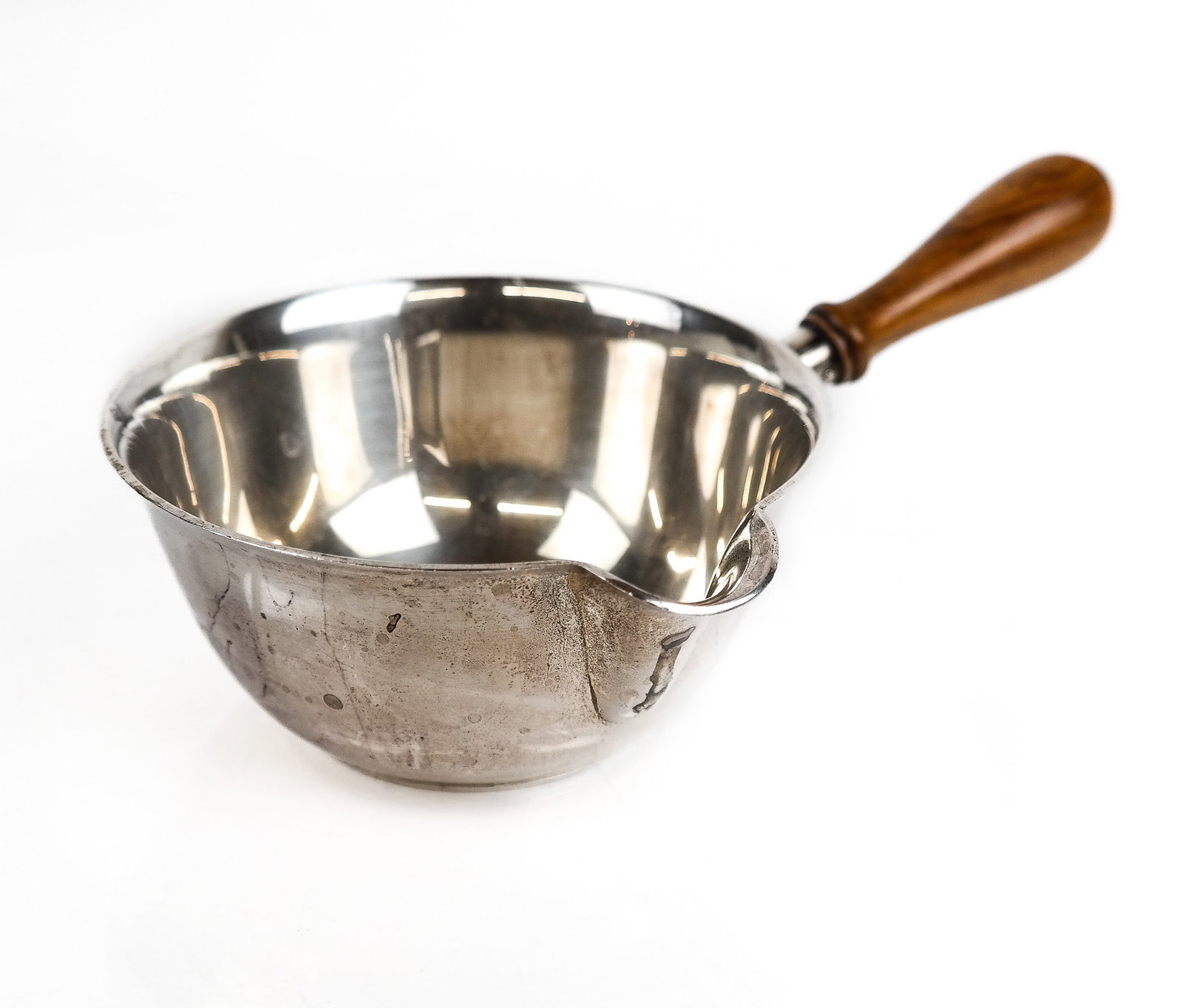 Tiffany & Co. Masters Sterling Silver Wine Pourer: Tiffany & Co. Masters sterling silver wine pourer with spout and wood handles, mid-20th century. 5.9 ozt. inclusive. [3" H x 7.5" W x 5" D]. Condition reports and requests for additional photos cannot