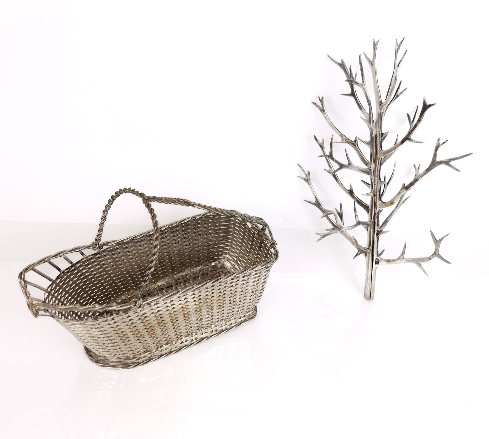 Christofle Silver Plate Wine Holder & Ornaments: A two-part tree insert (no stand), made in Italy and a Christofle silver plate mesh wine bottle holder by Gallia. [Tree insert: 12" H x 7" diameter]. Condition reports and requests for additional phot