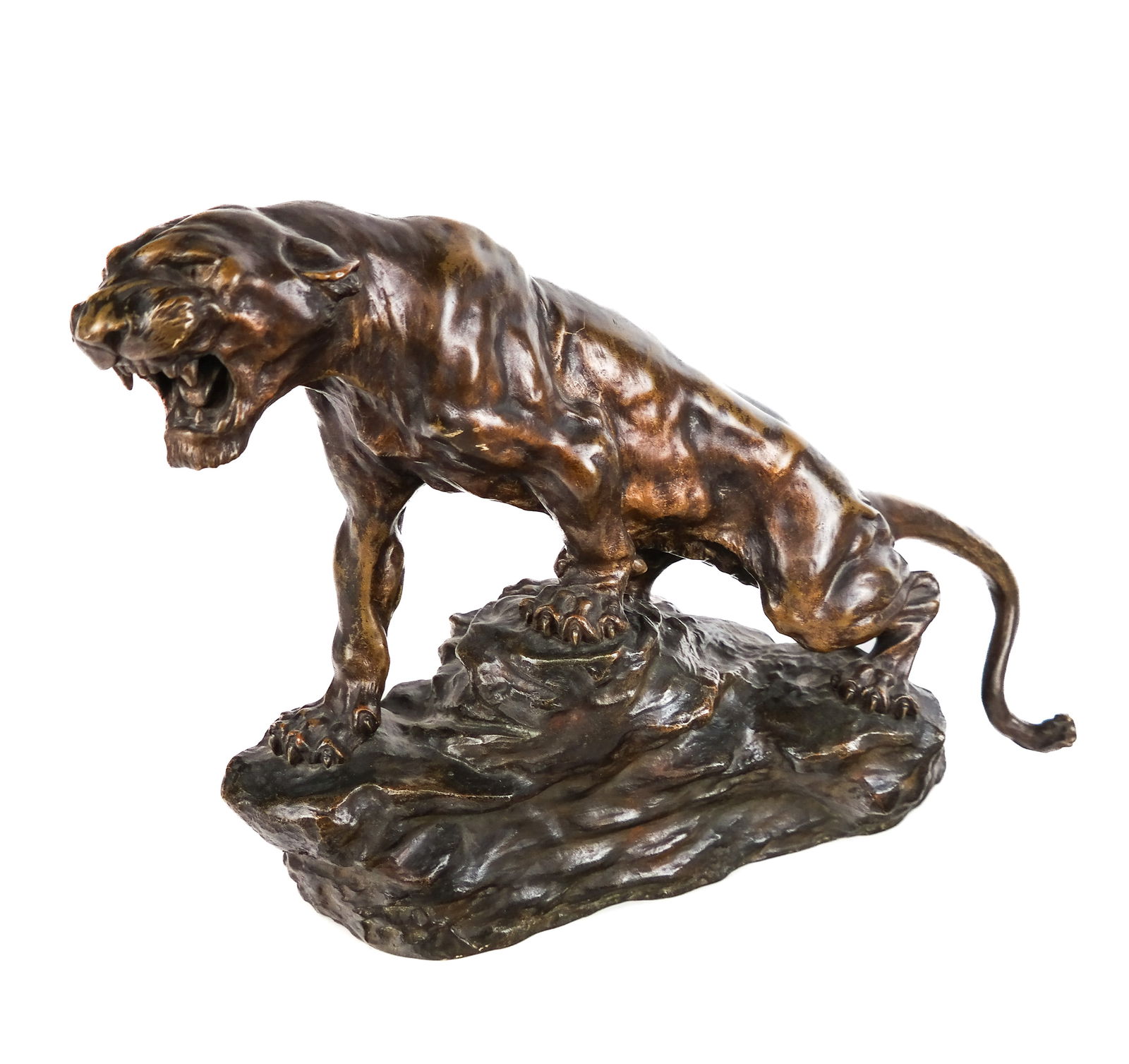 Thomas CARTIER Bronze Panther: Thomas Francois Cartier (French, 1879-1943), bronze figure of a snarling panther, signed on base [14" H x 21" W x 7" D] Overall condition is good, brown patina.