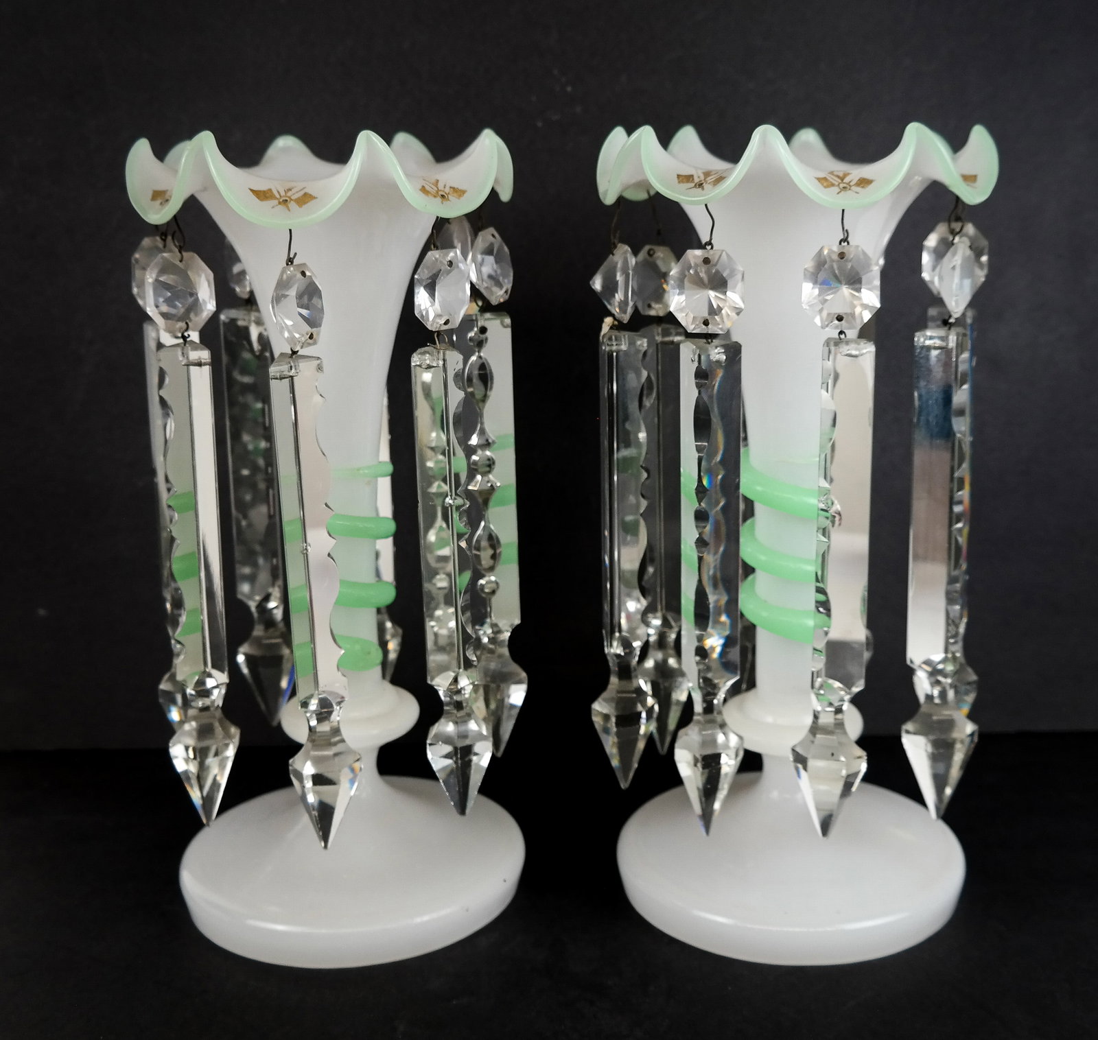 Pair of Bohemia Opaline Glass Lustres: Pair of Bohemian gilt decorated opaline lustres [12.75" H x 6.25" Diameter] Overall condition is good, with loss to decoration.