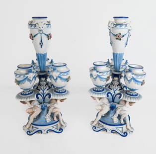 Pair of Blue and White Figural Candelabra