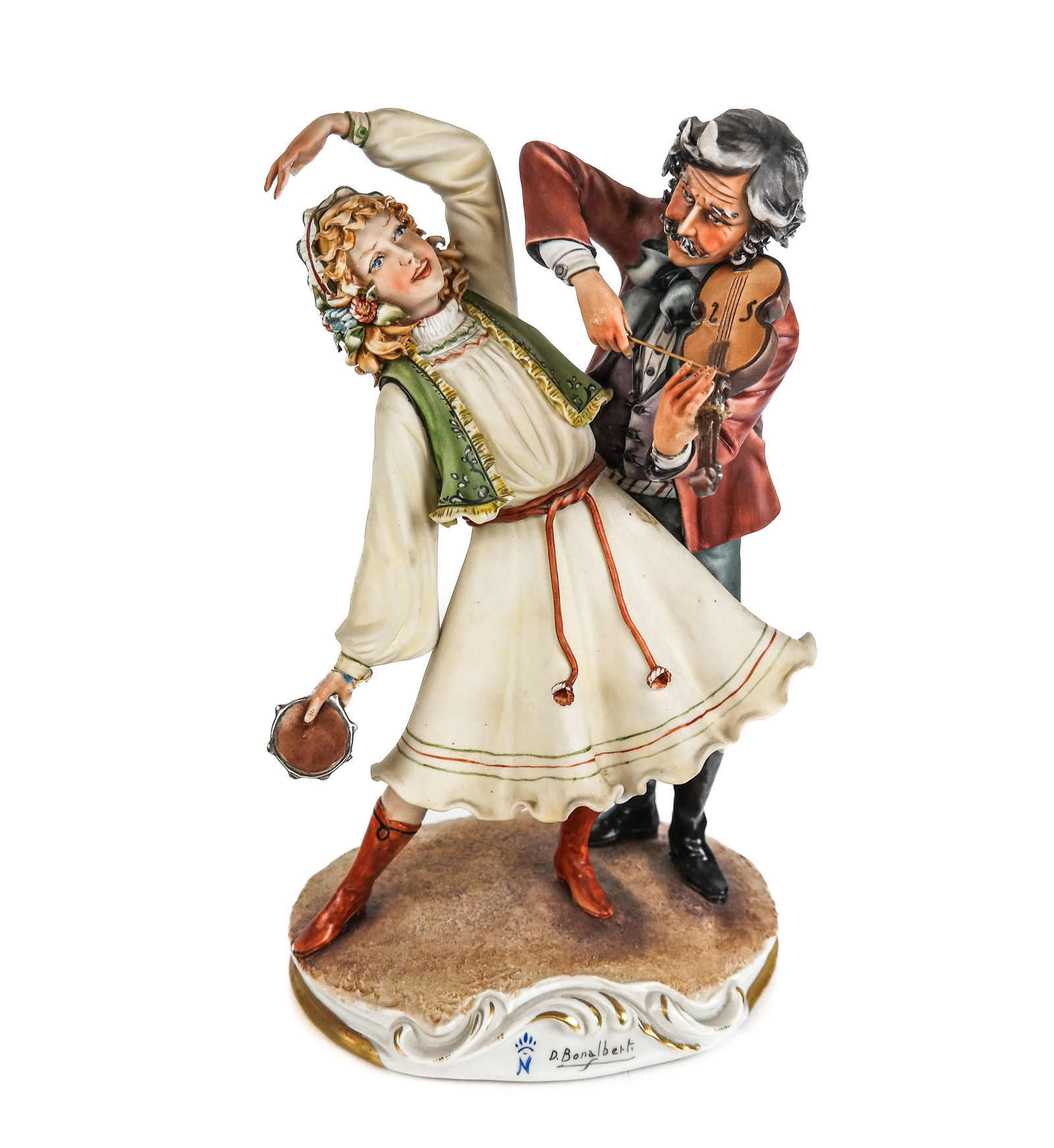 Capodimonte Figurine of Violin Player and Tambourine Dancer: Capodimonte porcelain figurine of a violin player and tambourine dancer by D. Bonalbert, 20th/21st century, mark and signature to front [11.5" H x 7" W x 5.5" D] Overall condition is good, repair and