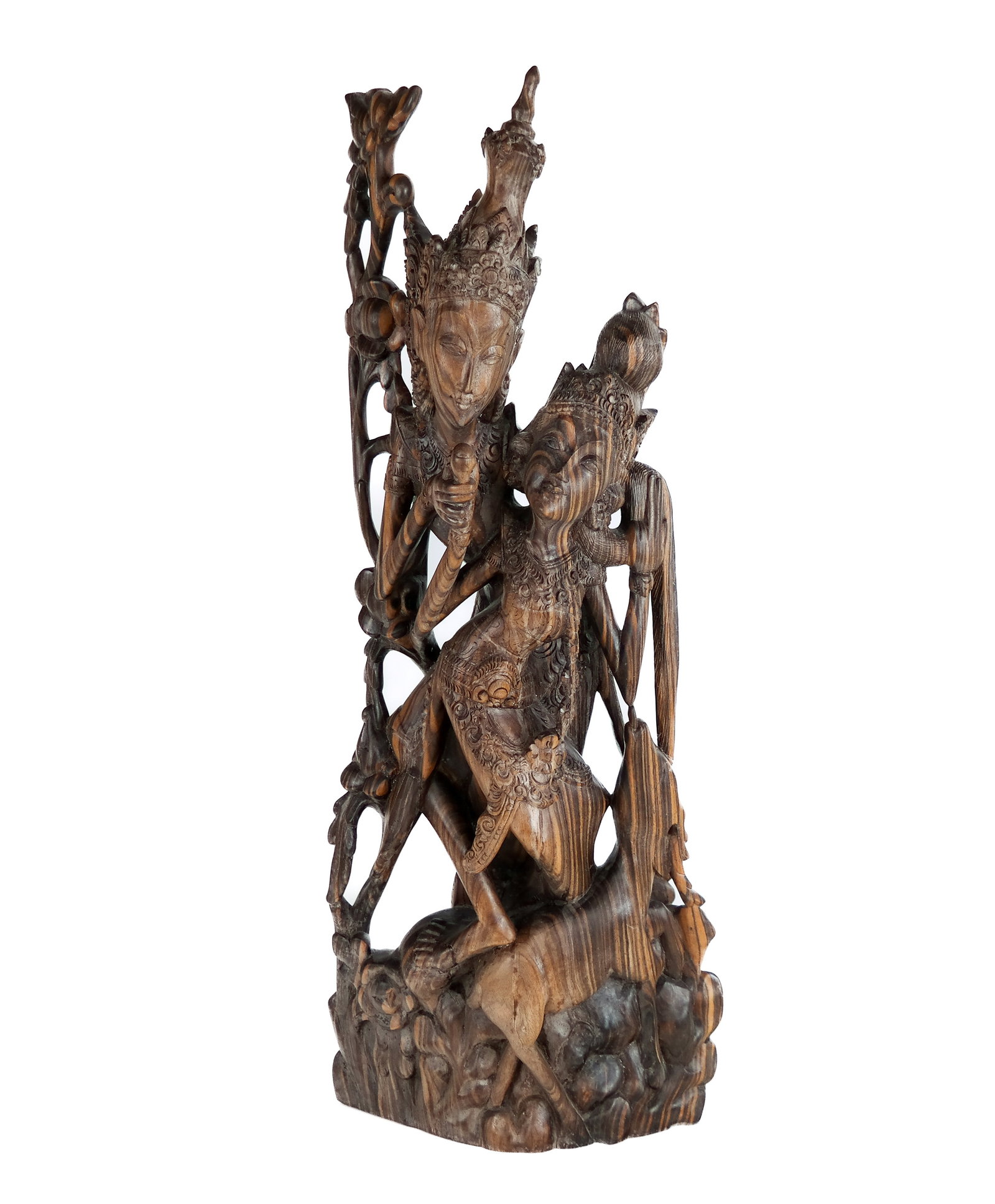 Balinese Carved Suar Wood Hindu Sculpture: Balinese carved suar wood sculpture, 20th century, of Rama and Sita from the Hindu Ramayana tale. [25" H x 12" W x 5" D]. Overall condition is good with some wear to wood commensurate with age.