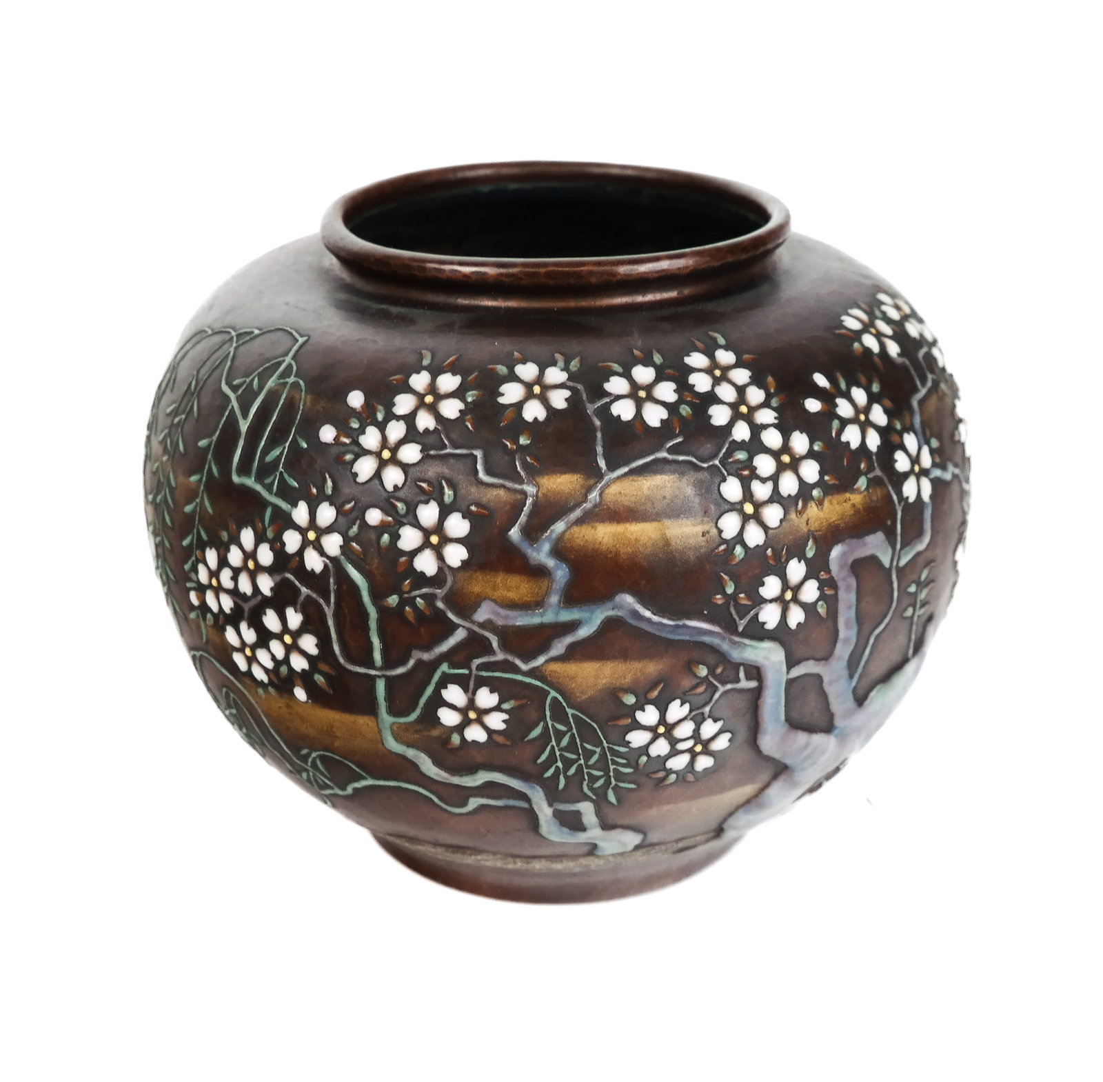 Japanese Taisho Moriage on Copper Vase by Ando: Japanese Taisho moriage on copper vase, 20th century, with cherry blossom decoration to one side and text to other, marked Ando to base. [7.5" H x 9" Diameter]. Overall condition is good.