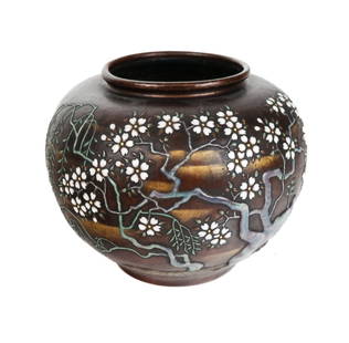 Japanese Taisho Moriage on Copper Vase by Ando