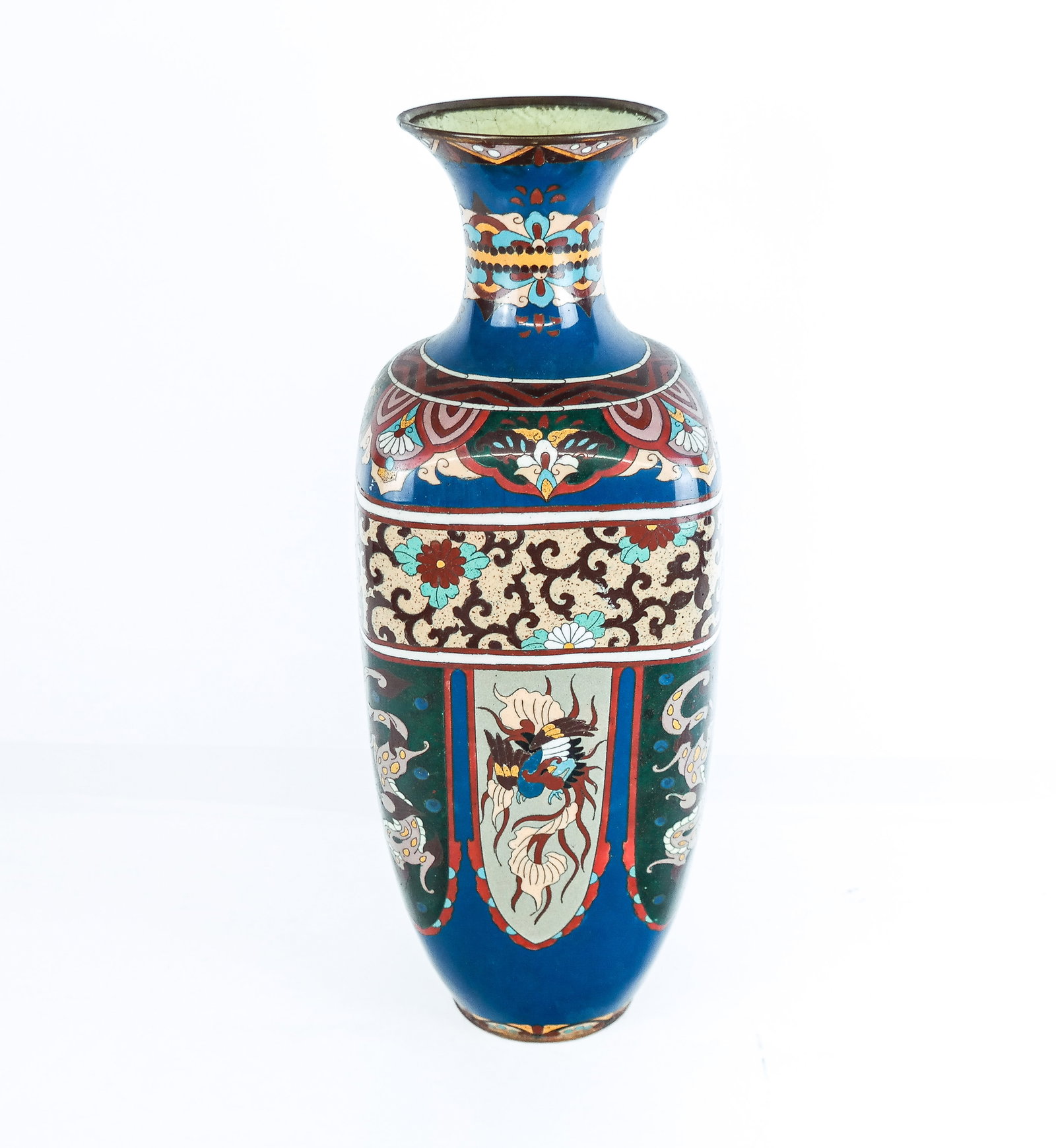 Japanese Cloisonne Square Vase: Japanese square shape cloisonne vase, with enamel decoration and figural cartouches of dragons and phoenixes. [19" H x 18" square]. Overall condition is good with minor cracking to enamel at interior 