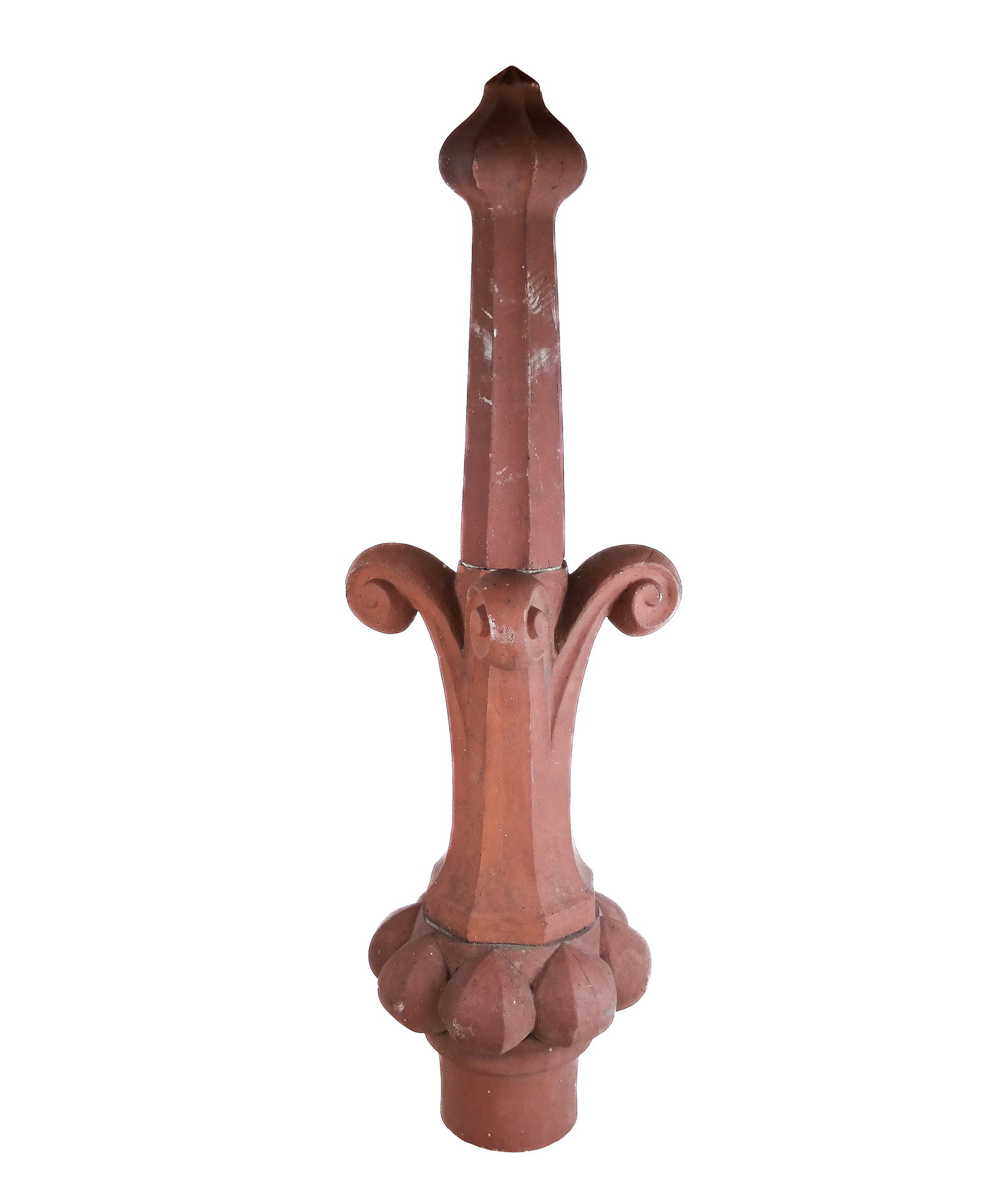 Terra Cotta Roof Ornament: Terra Cotta roof ornament [39" H x 12 " Diameter] Overall condition good, in two pieces with scratches and minor losses.