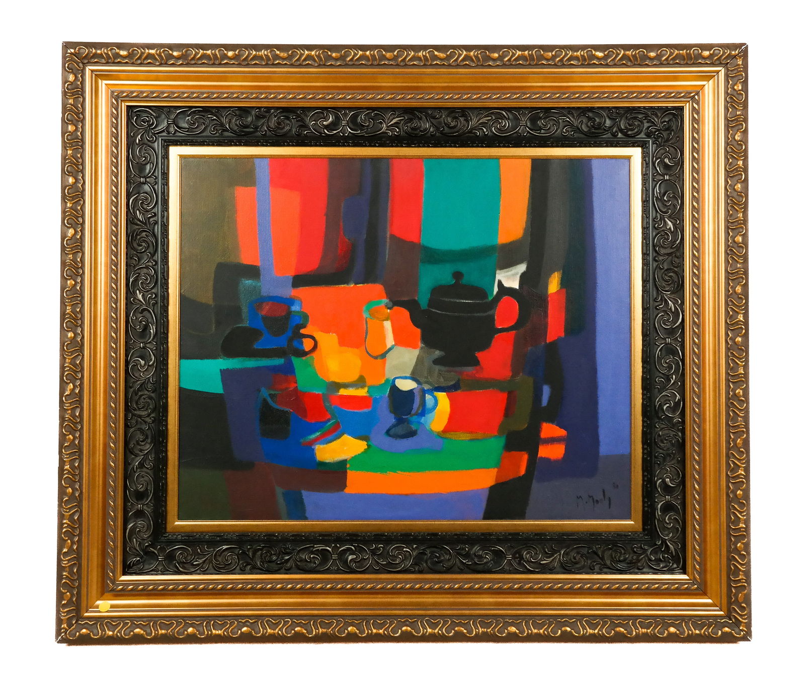 Marcel MOULY: Still Life - Oil Painting: Marcel Mouly (French, 1918-2008) colorful table still life with black teapot in oil on canvas, titled "La Theiera Noire", signed lower right, dated '81, also signed and titled on back of canvas; comes