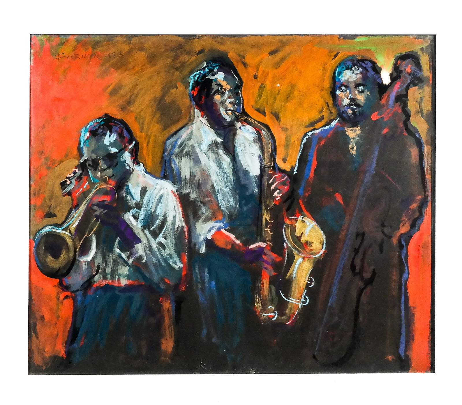 Jazz Trio Study - Oil on Paper Painting: "Experimental Jazz Variations", an oil on paper study of a jazz trio, unsigned. [Art: 19" H x 23" W; Frame: 20" H x 24" W]. Condition reports and requests for additional photos cannot be accepted on t