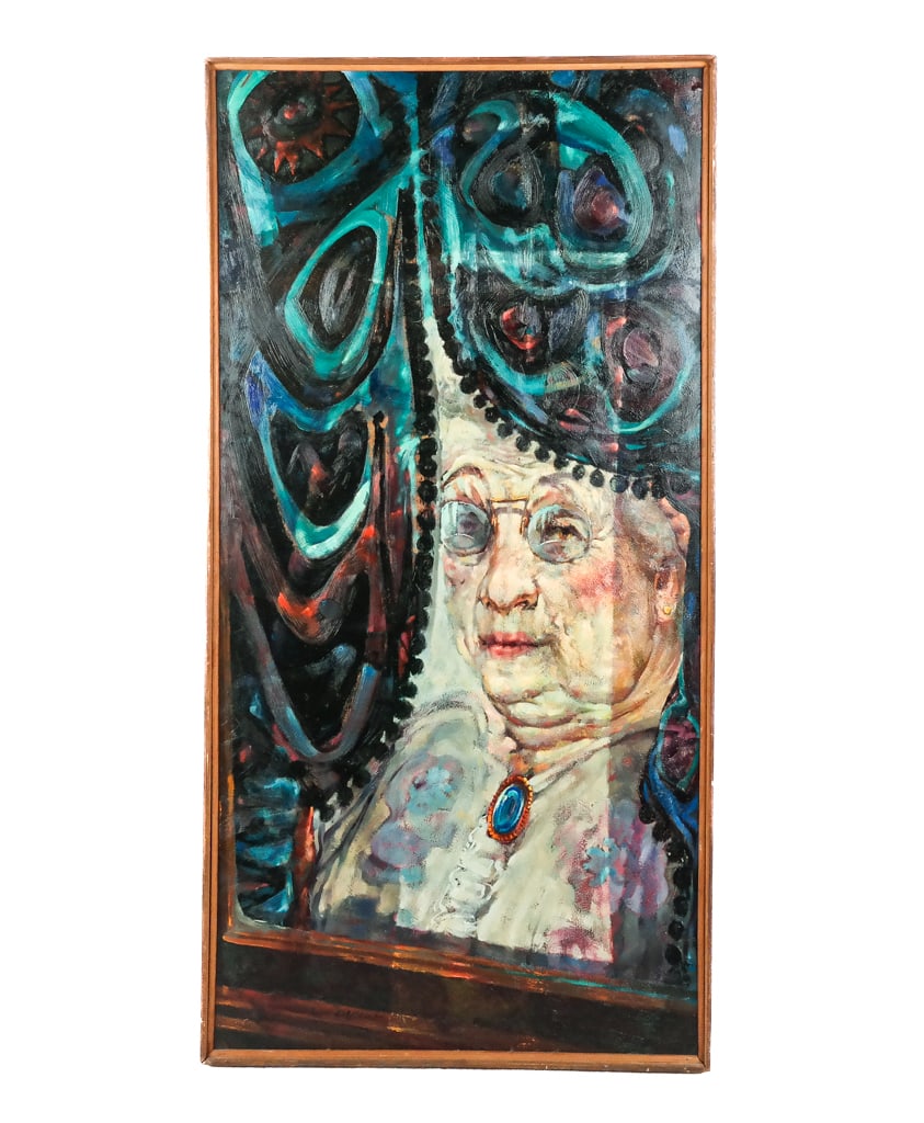 Richard A. CLARK: Woman At Window - Oil Painting: Richard A. Clark (American, b. 1922) oil on panel/board, titled "Woman at a Window", depicting a woman wearing a large brooch by drapery, signed lower middle. [Art: 47" H x 23" W; Frame: 48.5" H x 24.