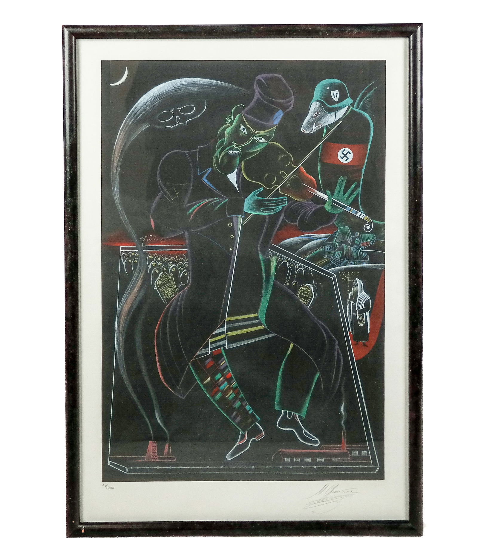 Mihail CHEMIAKIN: Man With Violin - Print: Mihail Chemiakin (Russian, b. 1943) print of a man with violin by a cemetery with a Nazi figure, signed lower right, numbered 46/300. [Art: 30" H x 20" W; Frame: 36" H x 25" W]. Condition reports and