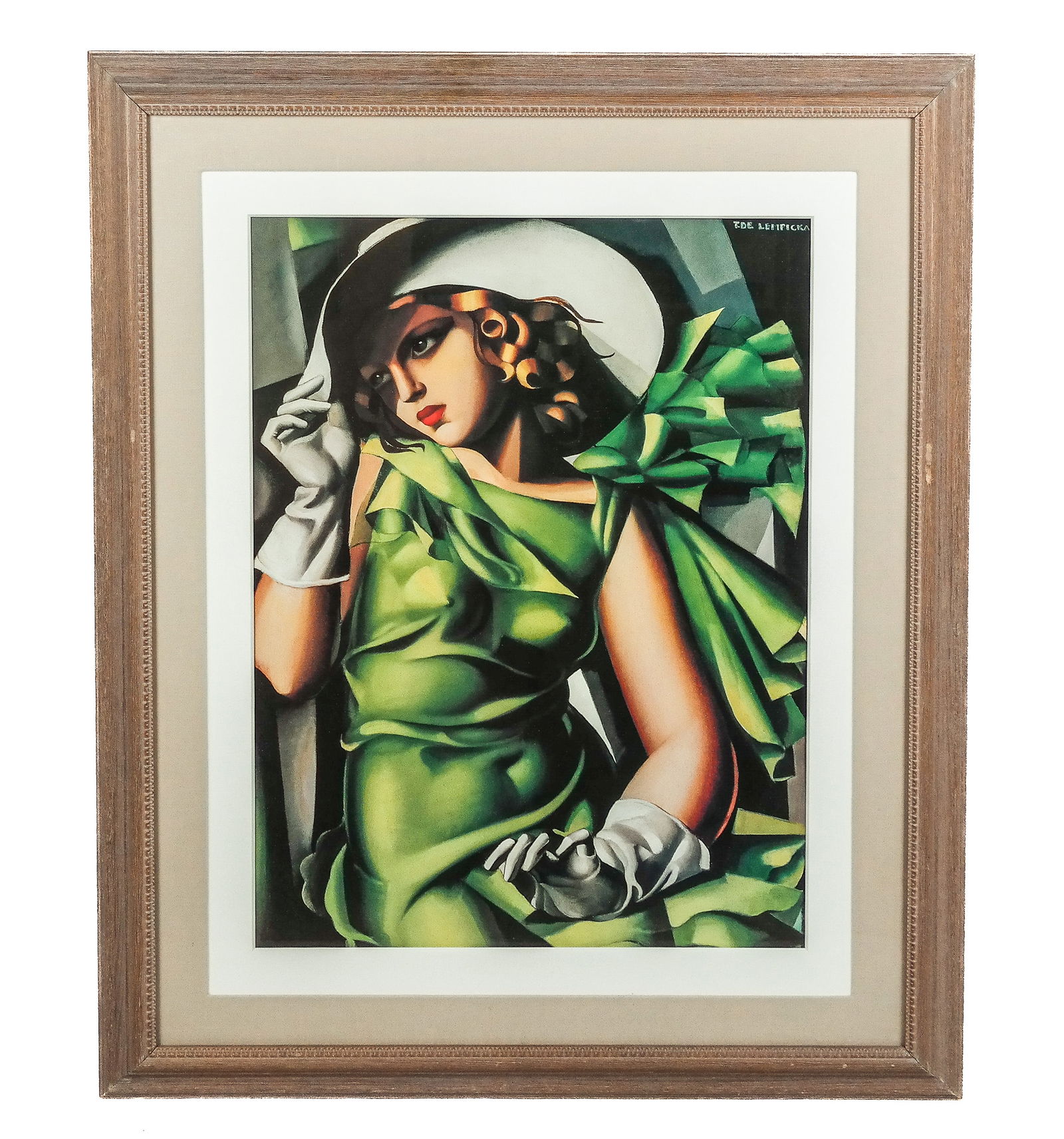 Tamara de LEMPICKA: Portrait Of Woman - Print: Tamara de Lempicka (Polish, 1898-1980) framed print of a young lady with gloves or a girl in a green dress, from an oil painting of the same. [Art: 25" H x 19" W; Frame: 37" H x 31" W]. In good condit