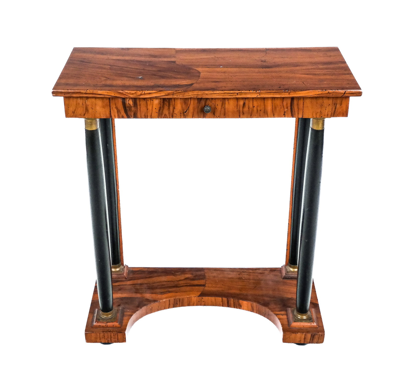Italian Olive Wood Pier Console: Italian olive wood single-drawer pier console with ebonized columns, 20th century. [29.5" H x 26.25" W x 11.25" D]. Condition reports and requests for additional photos cannot be accepted on this lot;
