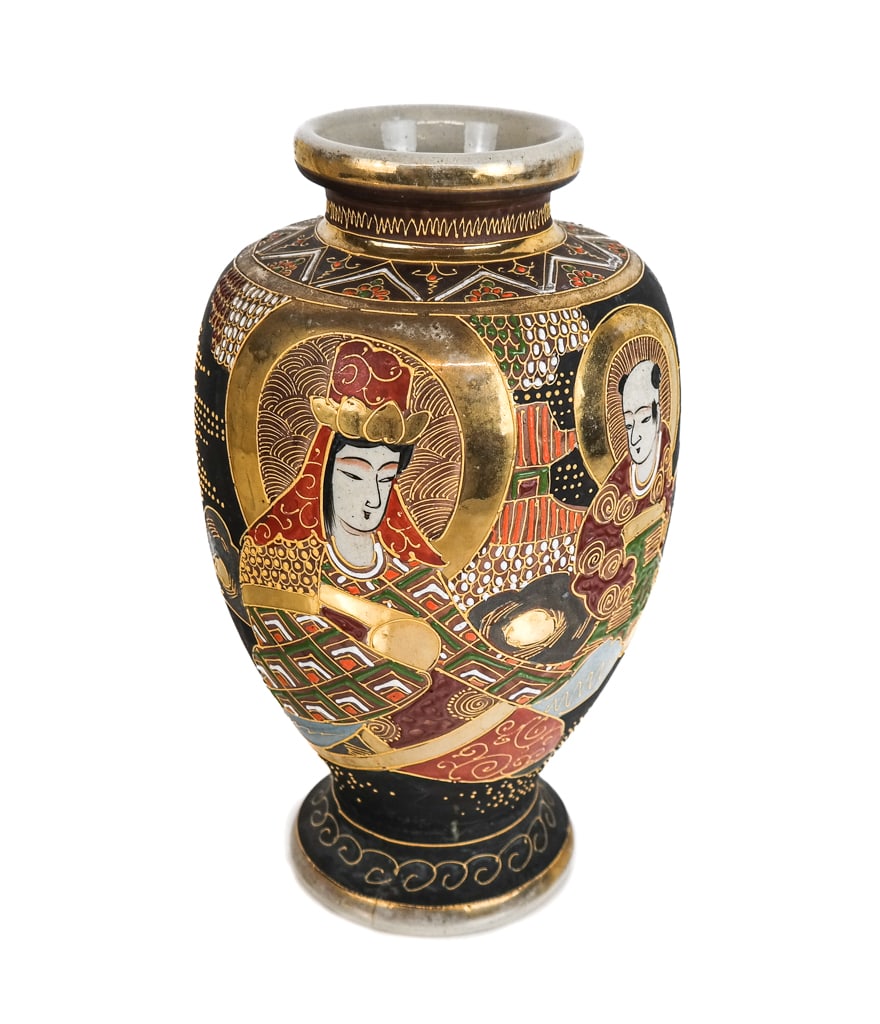 Japanese Satsuma Vase: Japanese Satsuma porcelain vase, 20th century, with moriage and gilt decoration and imperial figures. [12.5" H x 8" Diameter]. Overall condition is good with a drill hole to base.