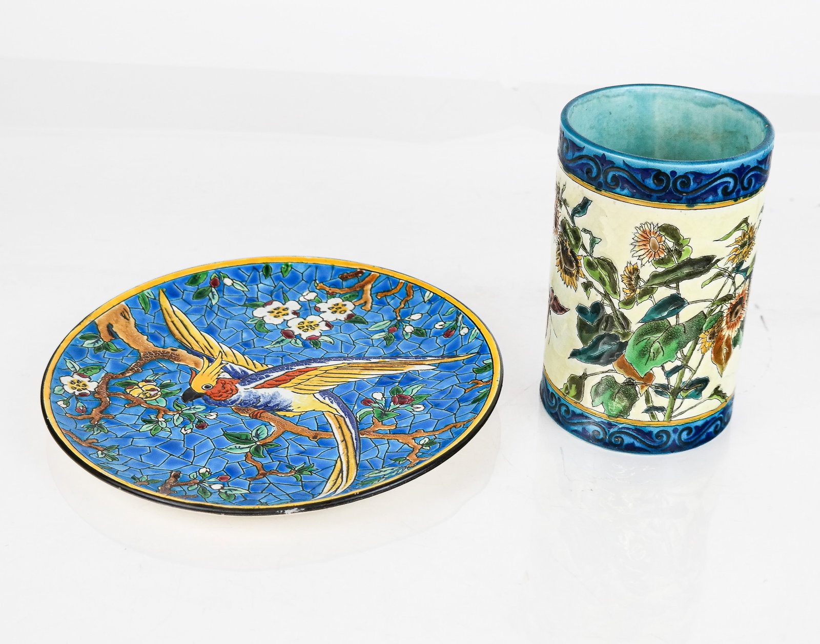 French Polychrome Decorated Porcelain Articles, 2: French polychrome decorated porcelain articles, 19/20th century, including a plate, possibly Jules Viellard with a central cockatiel surrounded by foliate decoration and marked "D C 72" to verso, and 